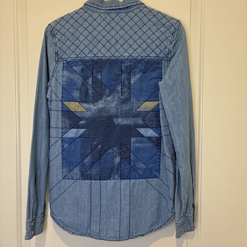 Roxy Womens Wales Blue Chambray Quilted Star Back Button Down Shirt Small
